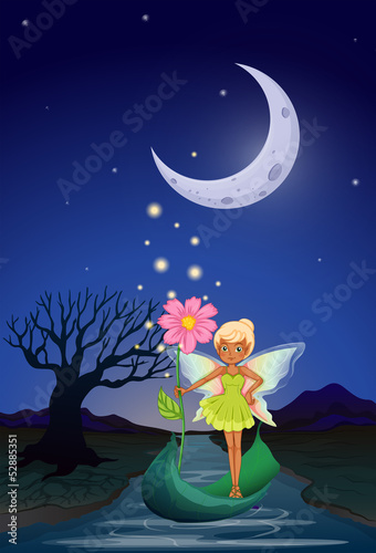 A fairy holding a flower riding on a boat in the middle of the n