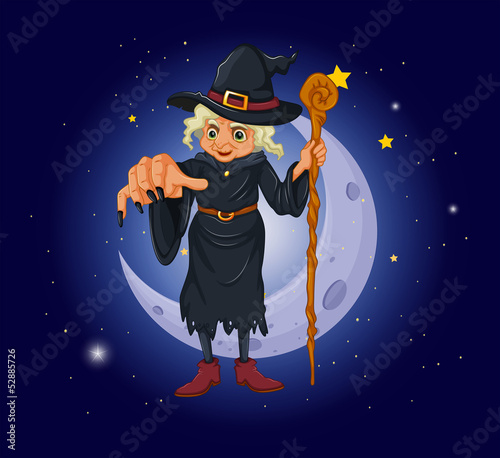 A witch holding a stick in front of the moon