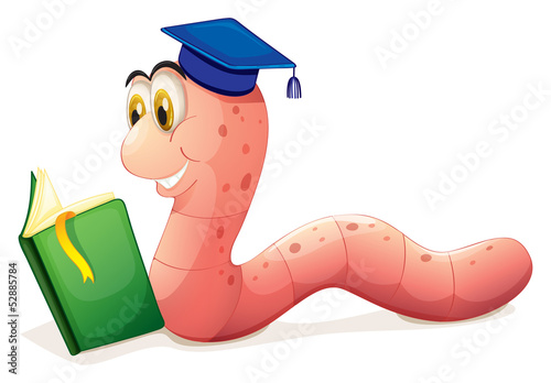 A worm reading wearing a graduation cap