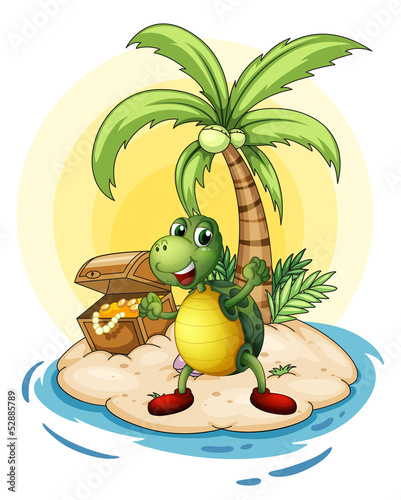 A turtle with a treasure at the back in a small island