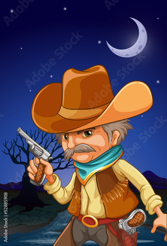 A man wearing a hat holding a gun near the river