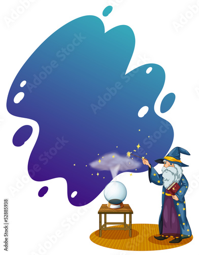 A wizard with a book in front of a crystal ball