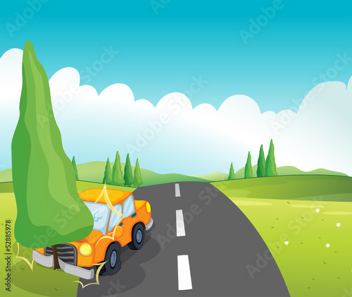 An orange car bumping the pine tree