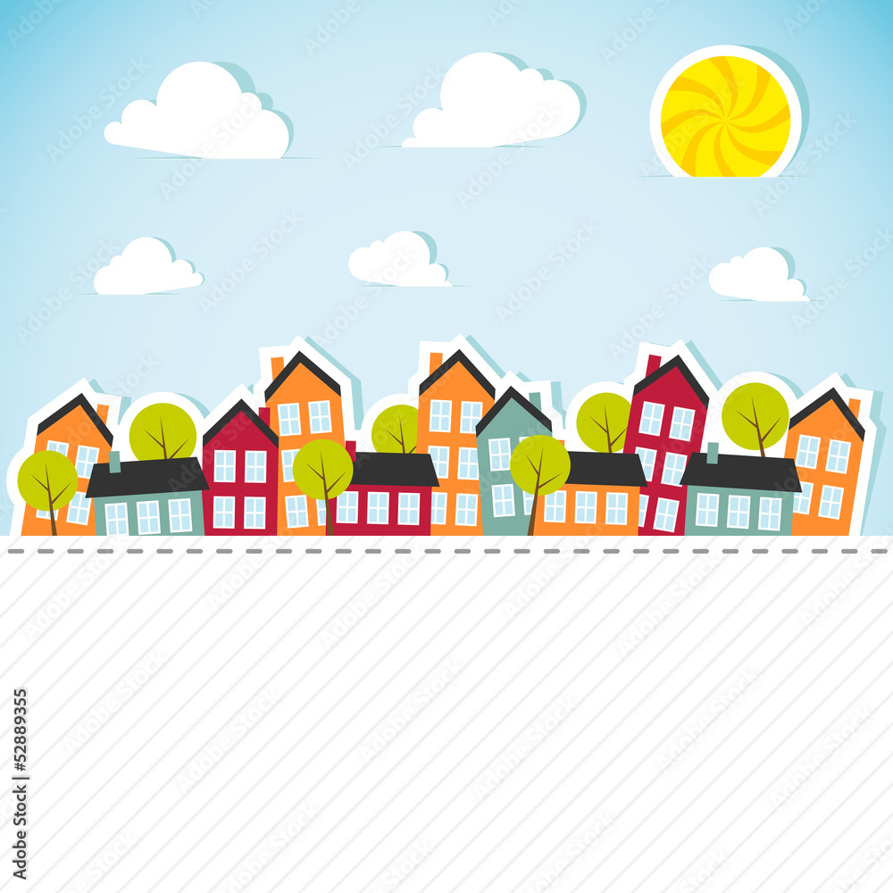 Paper banner with small town. Vector illustration.