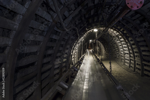 Coal mine machinery: belt conveyor in underground tunnel