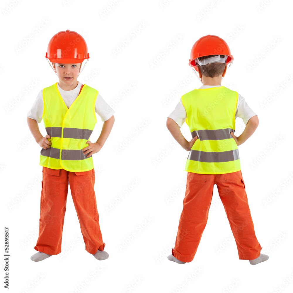 Portrait of boy in orange helmet, isolation Portrait of boy in orange helmet, isolation
