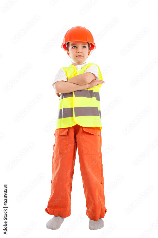 Portrait of boy in orange helmet, isolation