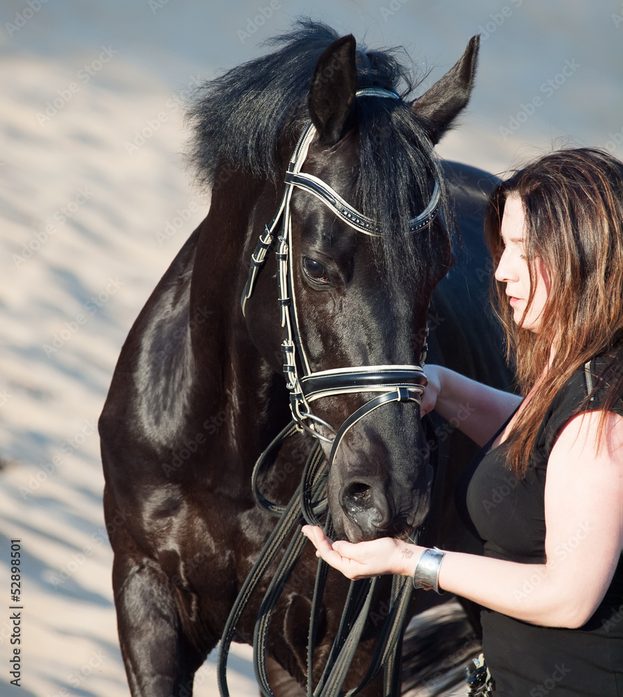 Fototapeta premium women with black horse.