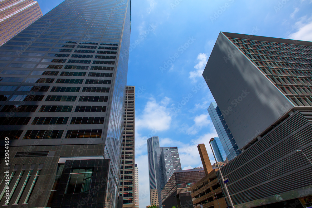 Houston downtown skyscrapers disctict blue sky mirror