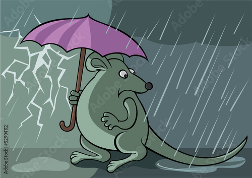 Frightened rat with unbrella under the rain