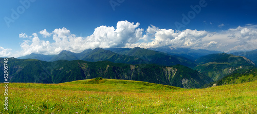 Green meadow in the mountain valley. Beautiful landscape