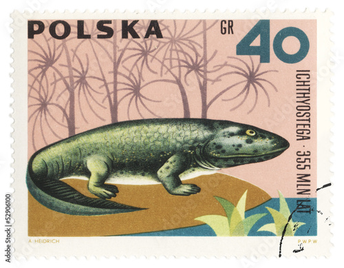 Dinosaur Ichthyostega on post stamp