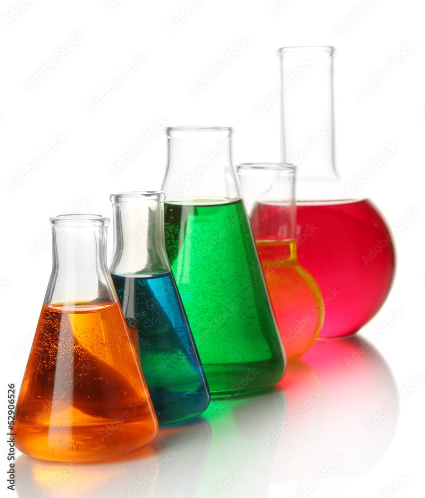 Test tubes with colorful liquids isolated on white Test tubes with colorful liquids isolated on white