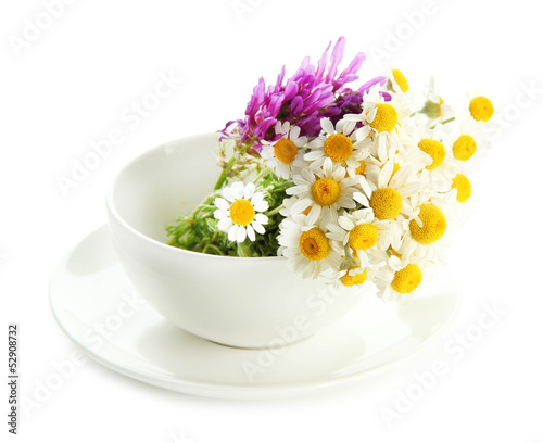 Beautiful wild flowers in .cup, isolated on white
