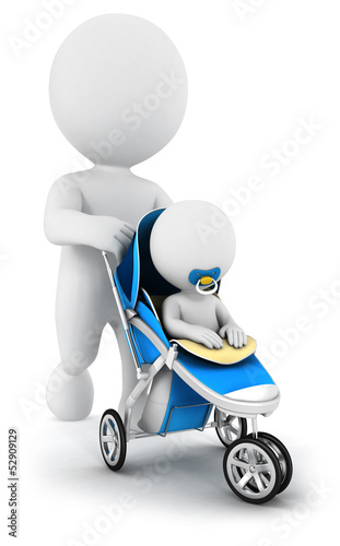 3d white people pushing a baby in a stroller