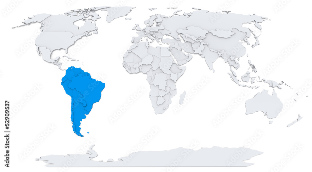 South America on bump map of the world