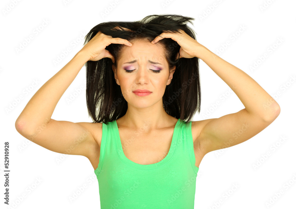Young woman have headache on grey background Young woman have headache on grey background