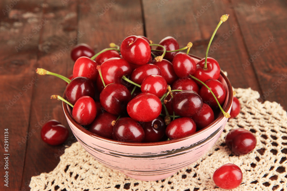 Ripe red cherry berries in bowl on wooden table close-up Ripe red cherry berries in bowl on wooden table close-up