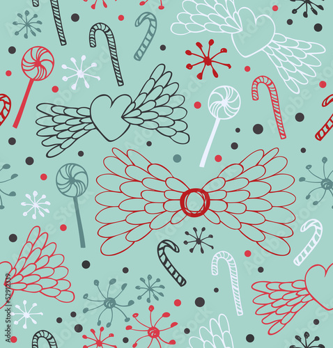 Background with hearts, sugarplums and snowflakes