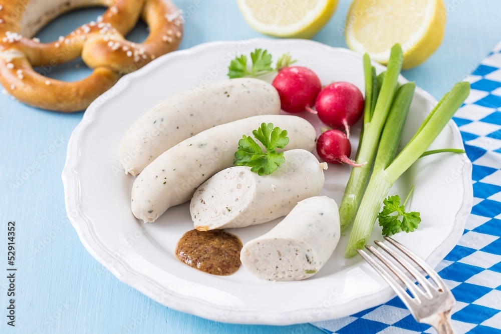 Munich white sausages with sweet mustard and pretzel