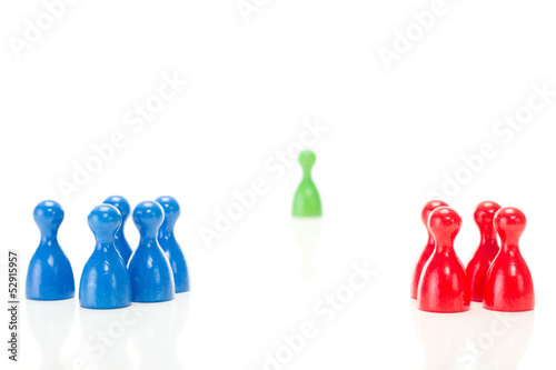 Two groups of meeples against the green meeple