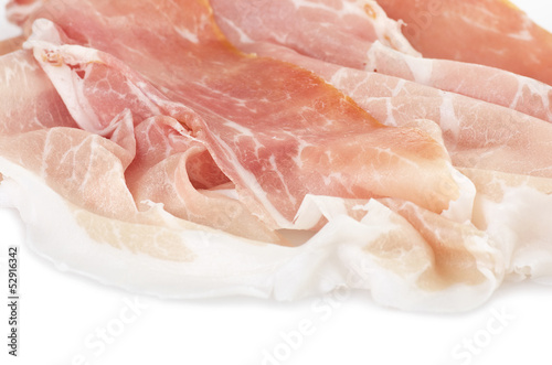 Prosciutto crudo, italian ham on white background