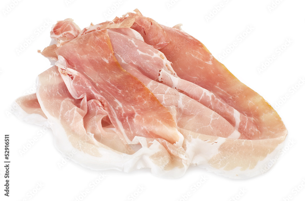 Prosciutto crudo, italian ham  on white background