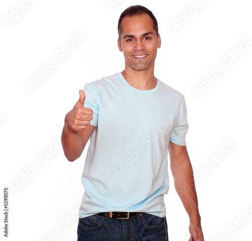 Smiling adult man looking and showing you ok sign