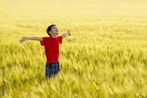 Cute child enjoying the sun on wheat field
