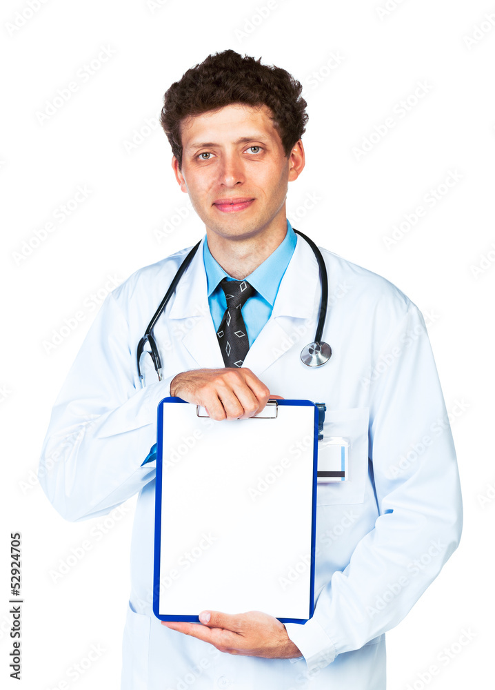 Male doctor showing clipboard with copy space for text Male doctor showing clipboard with copy space for text