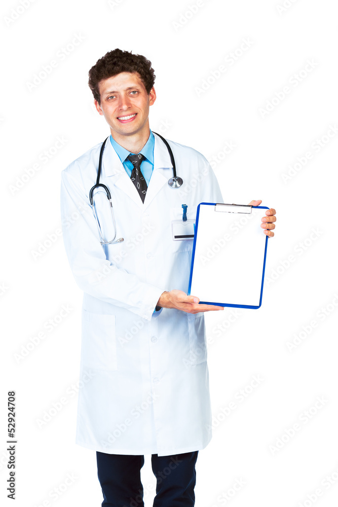 Smiling male doctor showing clipboard with copy space for text Smiling male doctor showing clipboard with copy space for text