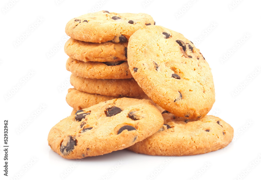 Stack of delicious cookies with chocolate chips on white