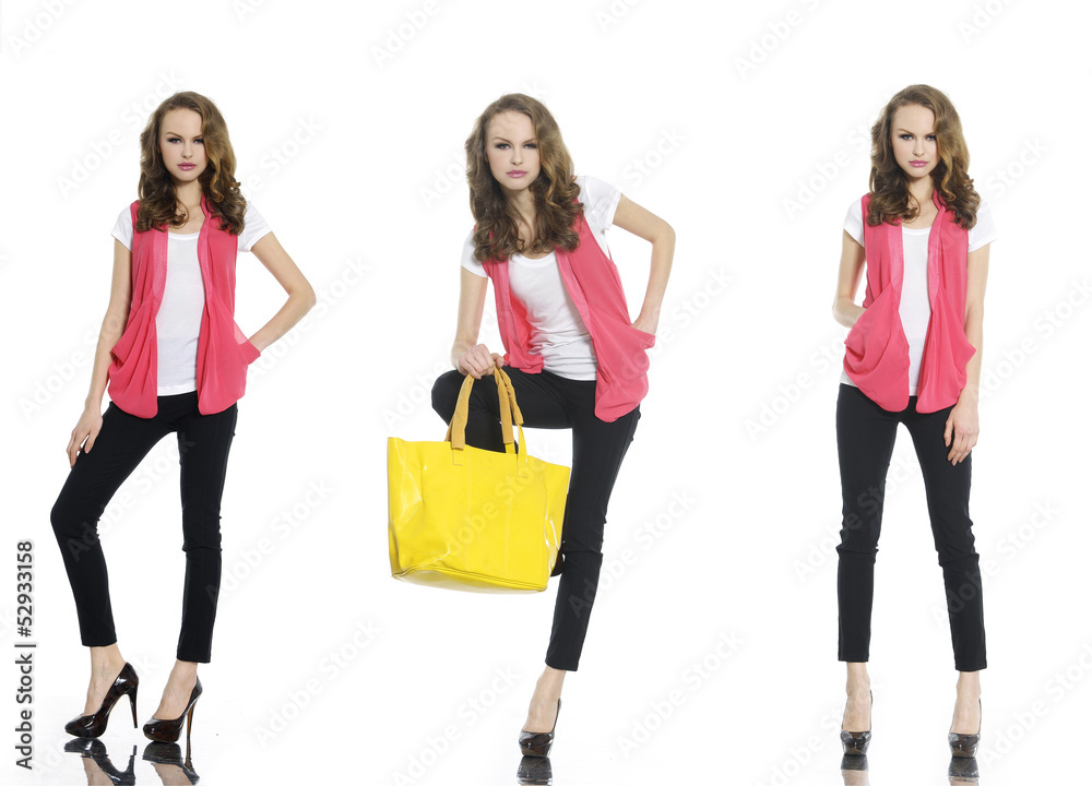 Full body young three woman in red dress with bag posing Full body young three woman in red dress with bag posing