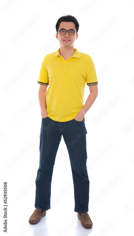 Front view full body Asian man standing isolated on white backgr