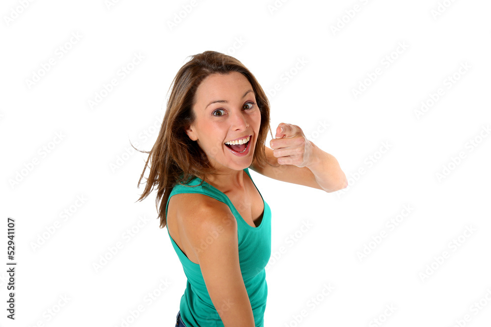 Attractive girl pointing finger to camera Attractive girl pointing finger to camera