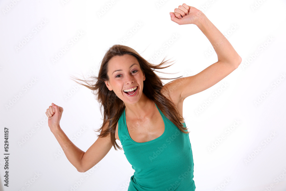 Brunette girl lifting arms up Brunette girl lifting arms up