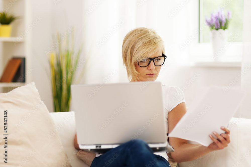 Beautiful woman working at home . Beautiful woman working at home .