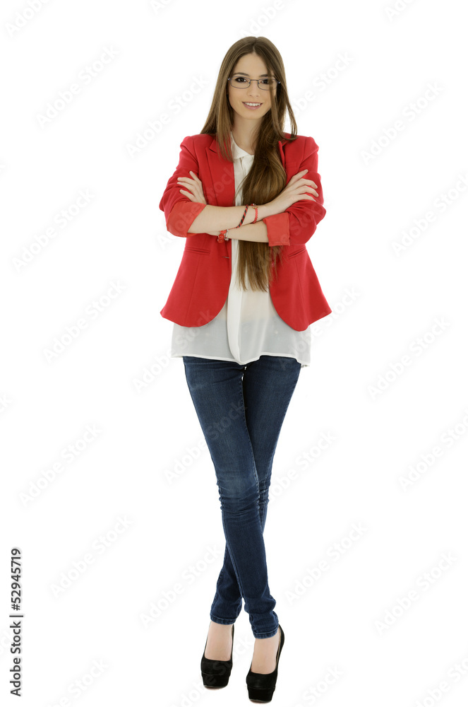 Portrait of businesswoman in red suit isolated on white backgrou Portrait of businesswoman in red suit isolated on white backgrou