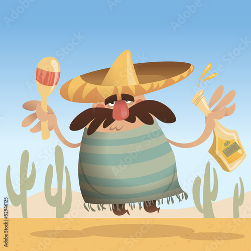 Cartoon mexican man with sombrero holding a bottle and maracas