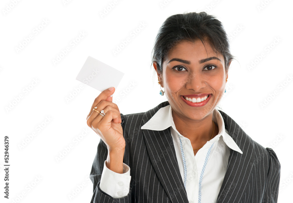 Indian businesswoman shows a blank name card Indian businesswoman shows a blank name card