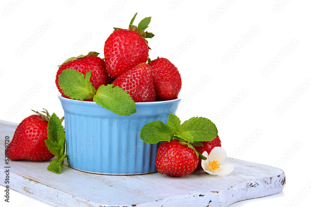 Ripe sweet strawberries in bowl, isolated on white Ripe sweet strawberries in bowl, isolated on white