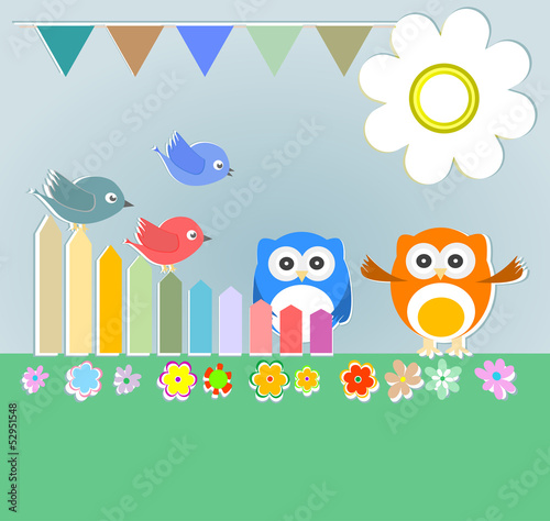Background with couple of owls and birds