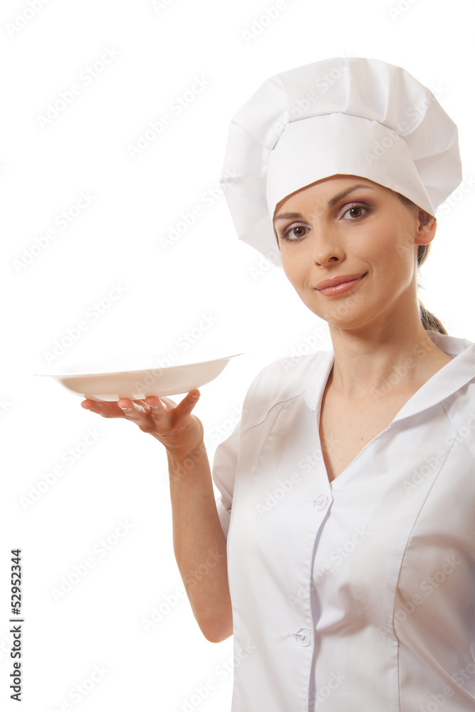 Woman cook holding empty plate, isolated on white Woman cook holding empty plate, isolated on white