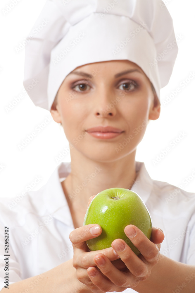 Smiling woman cook with apple, isoladed on white background Smiling woman cook with apple, isoladed on white background