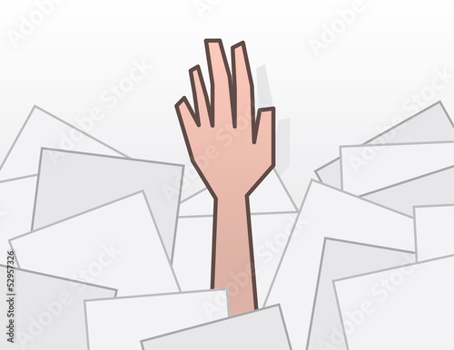 Single hand reaching from pile of papers