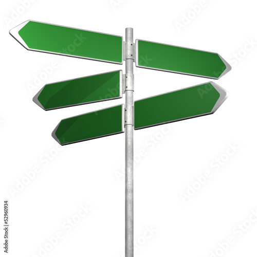 grren directionl signs on a blue background