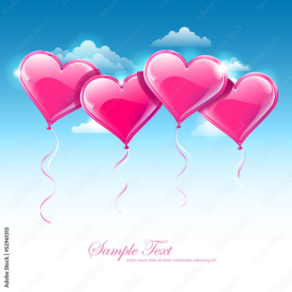 Vector illustration of heart shaped balloons upon a blue sky