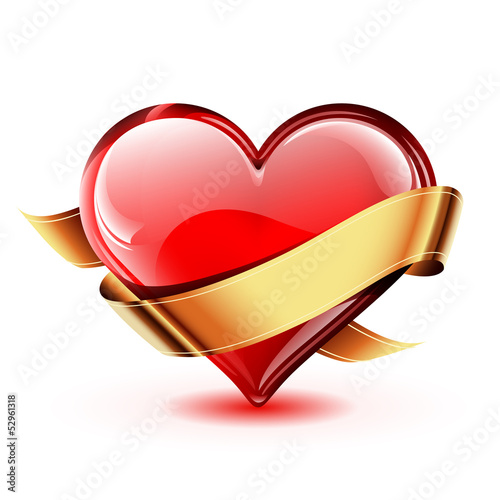 Bright and glossy vector heart with a golden ribbon