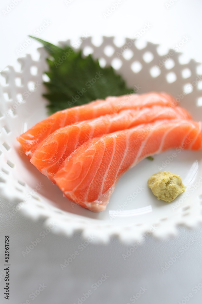 Japanese cuisine, Raw Salmon Sashimi with wasabi Japanese cuisine, Raw Salmon Sashimi with wasabi