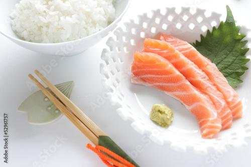Japanese cuisine, Raw Salmon Sashimi  with wasabi